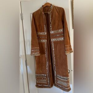 Brown Suede Embellished Long Women's Coat